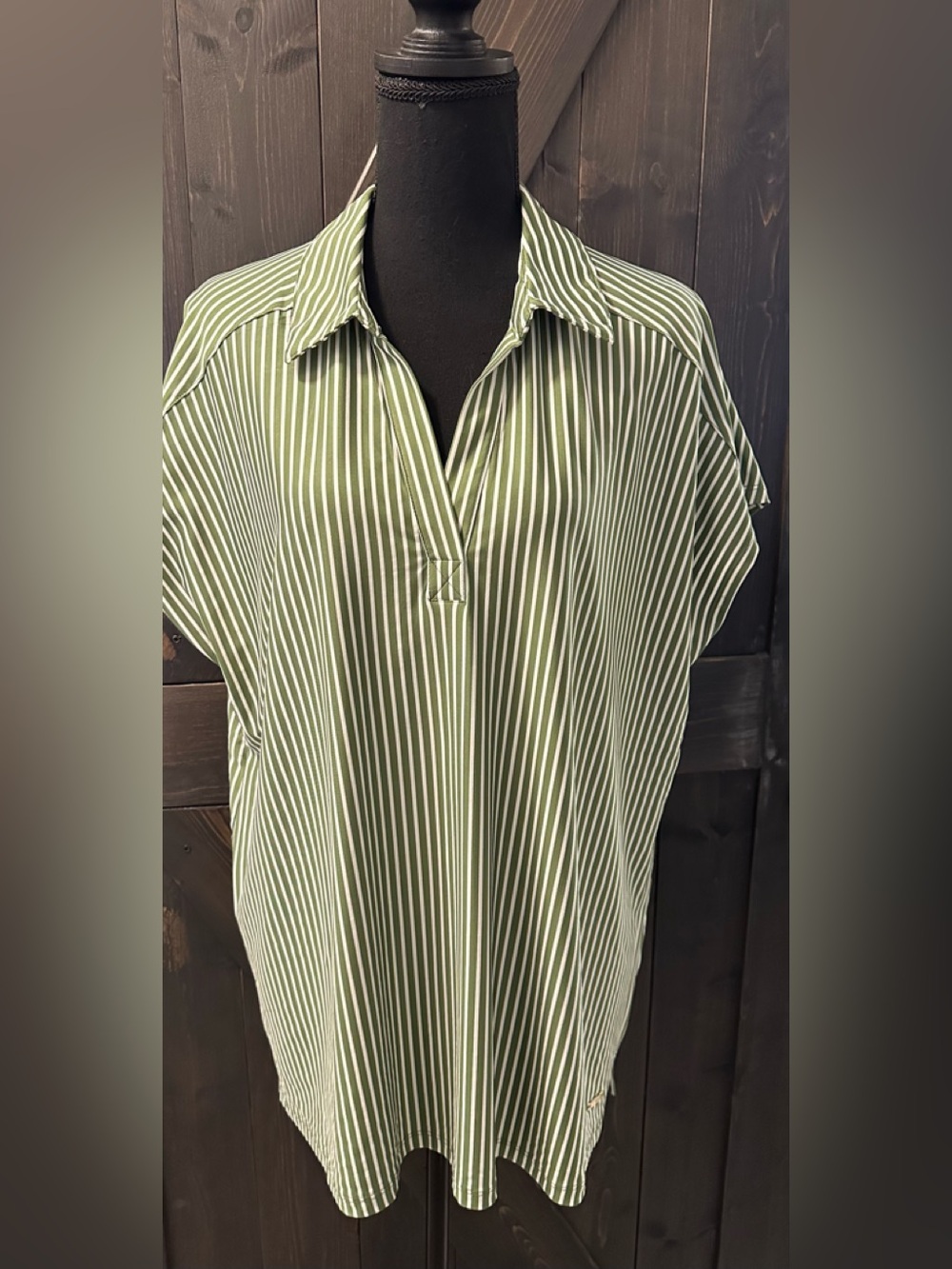 Jones NY Vertical Striped Olive Green & White  Polo Shirt - Size XL